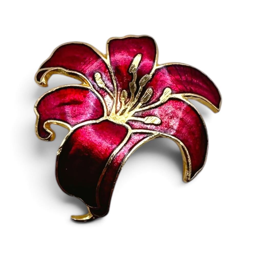 Vintage Cloisonne Red Lily Flower Brooch Gold Tone Enamel Floral Small Pin